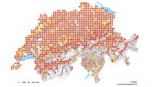 Verbreitung der Blindscheiche in der Schweiz und in Liechtenstein auf der Basis von 25-km²-Quadranten. Zahlreiche nach 2000 nicht mehr bestätigte Quadranten dürften auf fehlende Kartierungsaktivität zurückzuführen sein.